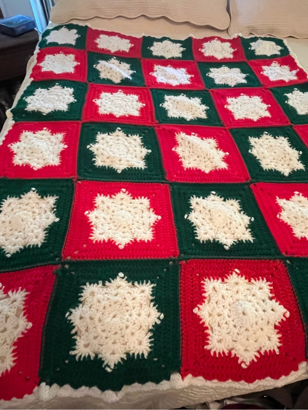 Handmade Holiday Crochet Blanket - Red, Green & Cream